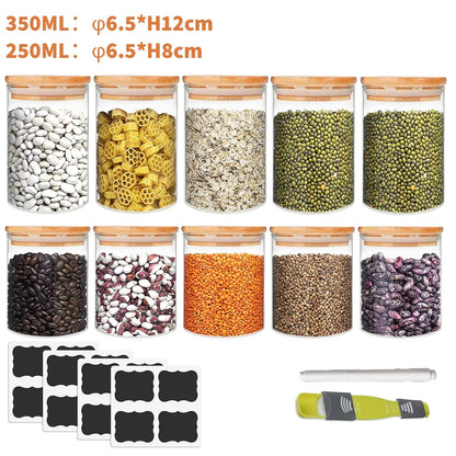 10-Piece Glass Storage Jar Set with Wooden Lids | 250ml & 350ml | Tea, Coffee & Pantry Organiser