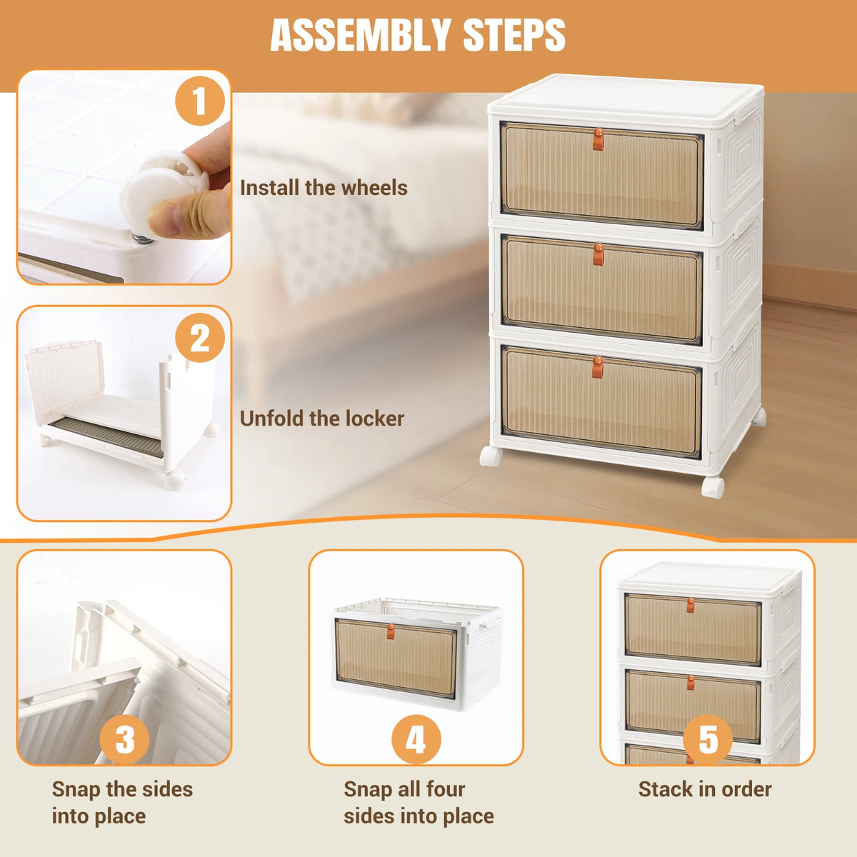 3/4/5 Tier Stackable Plastic Storage Boxes with Lid and Wheels, Sturdy PP Material, 39x28x59/78.5/98cm, Easy to Assemble