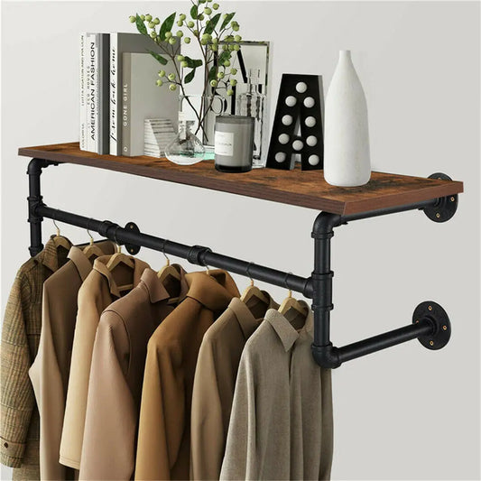 Industrial Pipe Wall-Mounted Clothing Rack with Wood Shelf