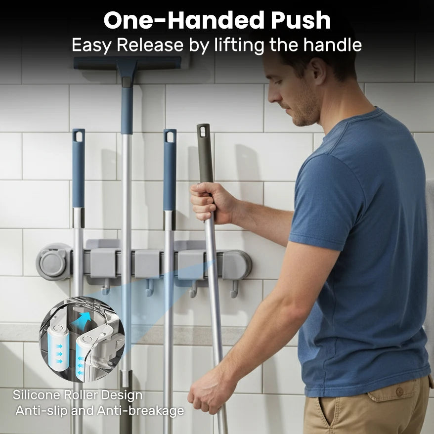 No-Drill Wall-Mounted Broom & Mop Holder - Bathroom Storage Rack for Mops, Brooms & Cleaning Supplies