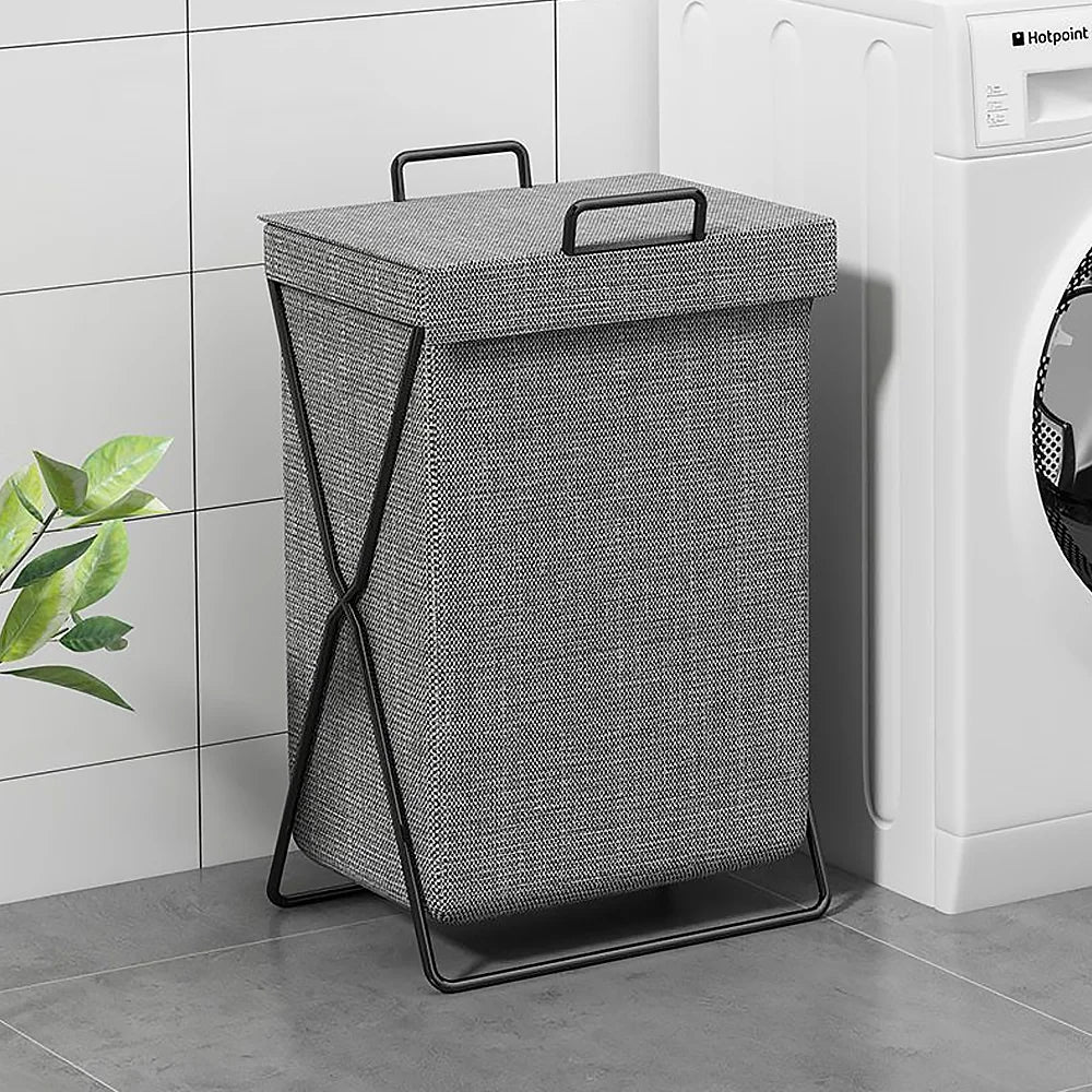 Foldable Laundry Basket Hamper with Lid & Metal Frame