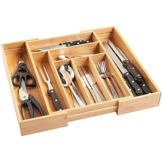 Bamboo Cutlery Drawer Tray | Expandable 32–52cm | 6–8 Compartments