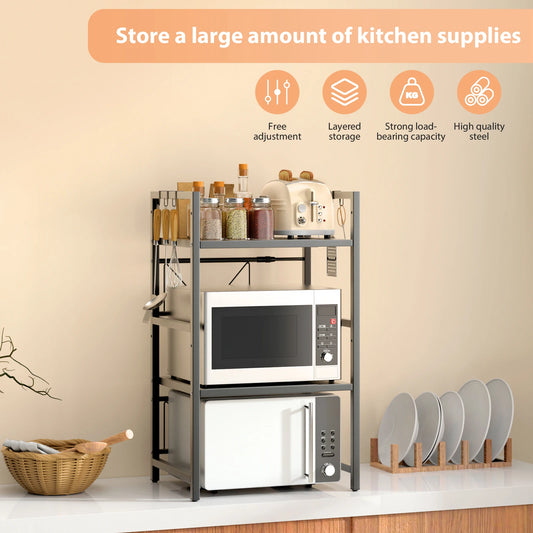 Expandable 2 or 3-Tier Microwave Shelf | Adjustable Carbon Steel Rack | 6 Hooks