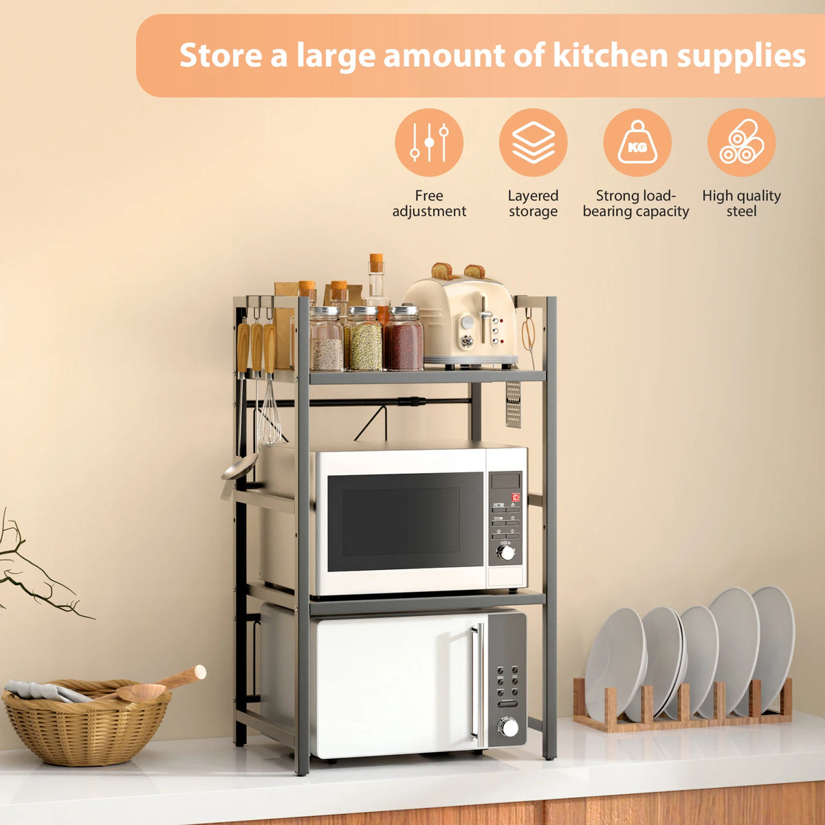 Expandable Microwave Shelf, 1 or 2 Tier Microwave oven Rack Stand Storage Holder Kitchen Corner Shelf Desktop Printer Shelf Rack