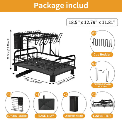 2-Tier Dish Drainer Rack with Draining Board & Utensil Holder