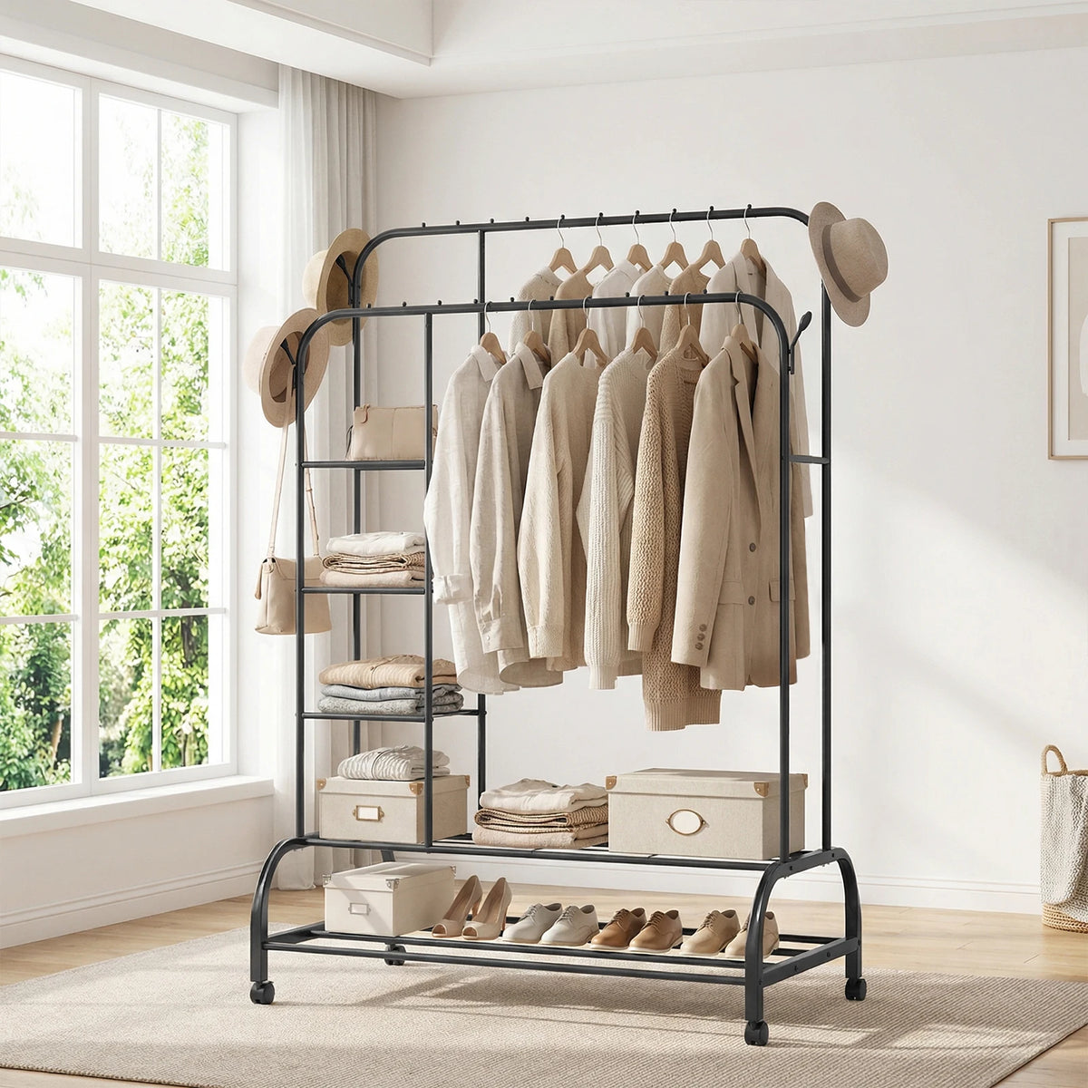 160cm Heavy-Duty Carbon Steel Clothes Rail | 2 Bottom Racks, 4 Shelves & 4 Hooks