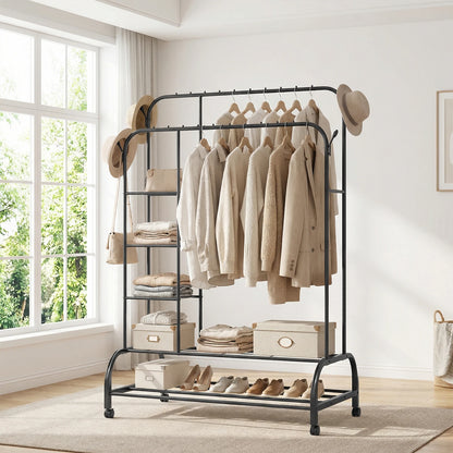 160cm Heavy-Duty Carbon Steel Clothes Rail | 2 Bottom Racks, 4 Shelves & 4 Hooks