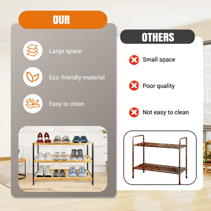 3 Tier Natural Bamboo Shoe Rack, Easy Assembly & Clean, Space-saving, Durable Shoe Racks Storage, Wooden Shoe Rack