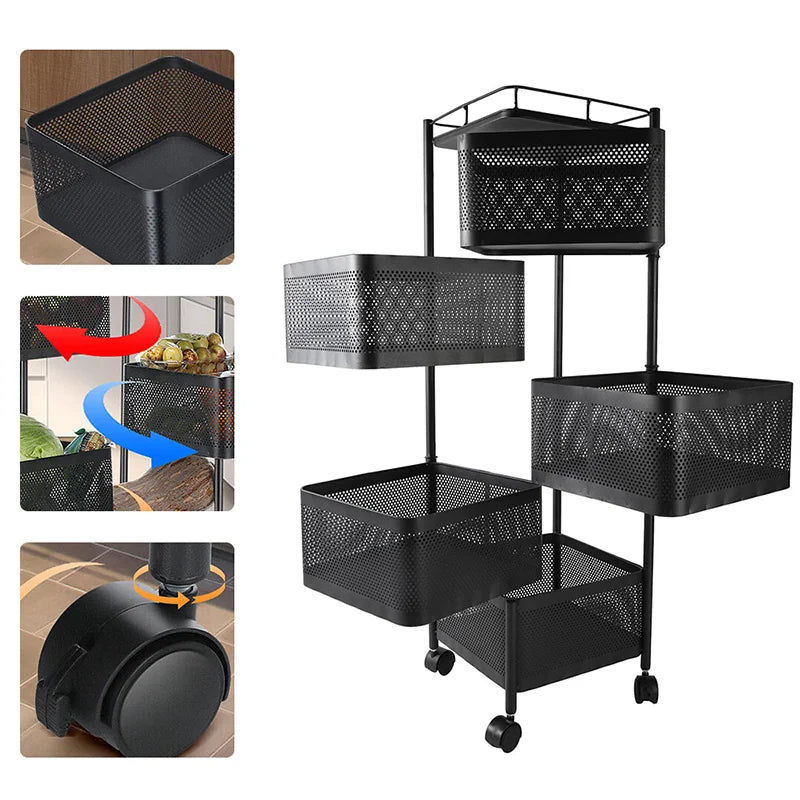 Multi-Layer Rotating Kitchen Storage Cart with Vegetable Baskets