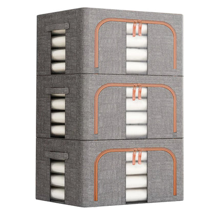 Set of 3 Foldable Fabric Storage Boxes with Metal Frame | Large Capacity Clothes Organiser