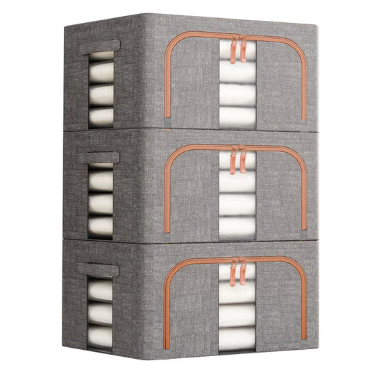 Set of 3 Foldable Fabric Storage Boxes with Metal Frame | Large Capacity Clothes Organiser