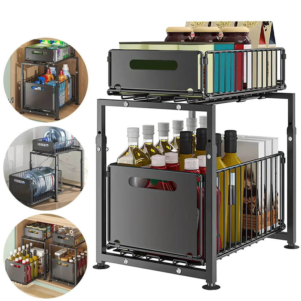2-Tier Slide-Out Under Sink Storage Organiser with Adjustable Height