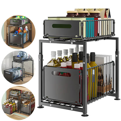 2-Tier Slide-Out Under Sink Storage Organiser with Adjustable Height