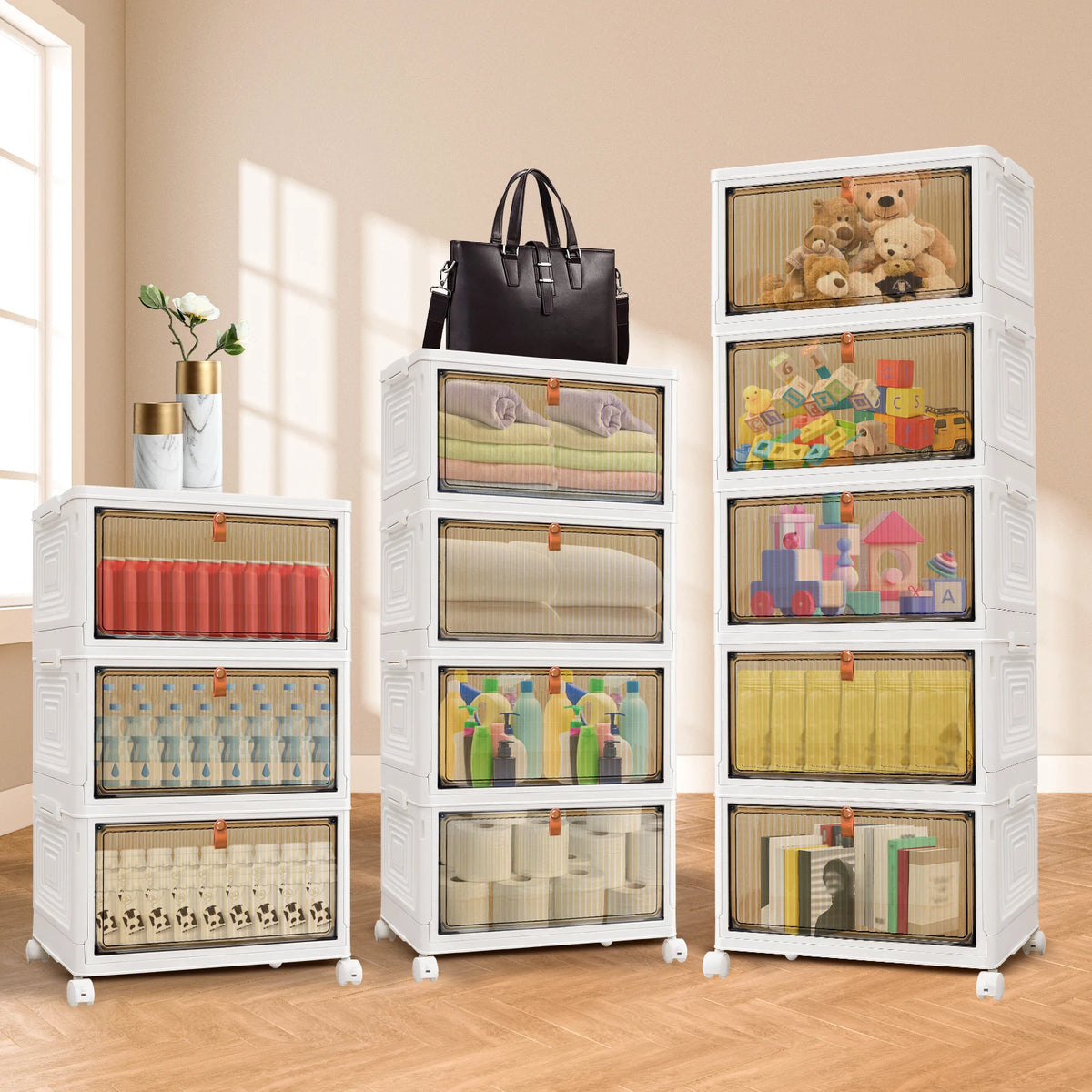 3/4/5 Tier Stackable Storage Boxes with Lids,Sturdy PP Matterial, Foldable Plastic Storage Unit for Toys/Office Supplies/Clothes
