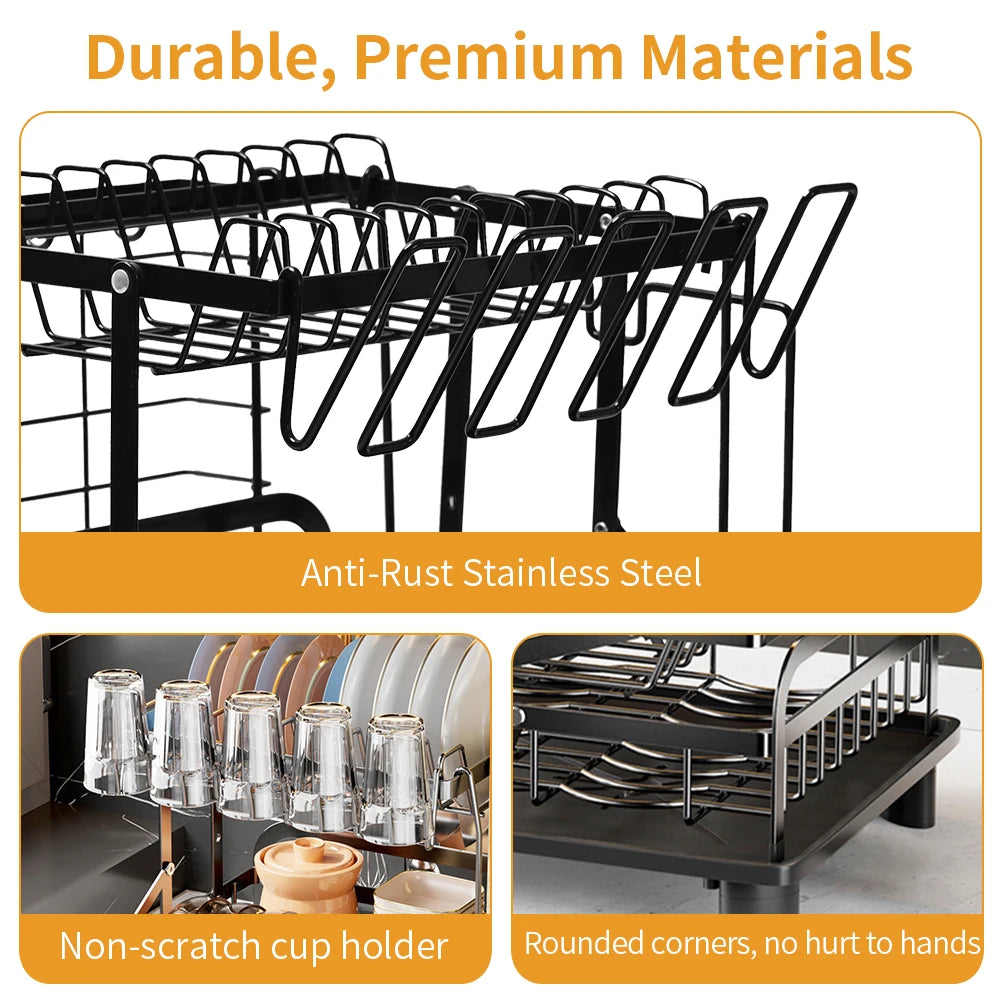 2-Tier Dish Drainer Rack with Draining Board & Utensil Holder