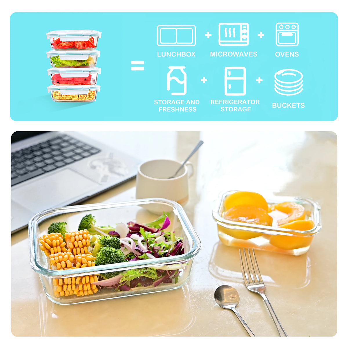 Borosilicate Glass Food Storage Containers with Steam Vent Lids | 2, 4 or 6-Pack