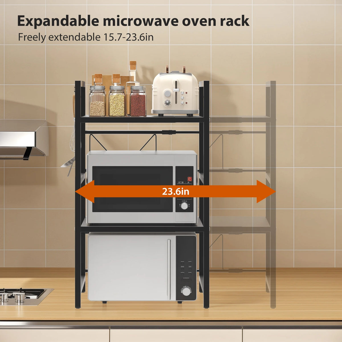 Extendable Microwave Rack, 3 Tier Microwave Rack with 6 Hooks, Microwave Rack, Kitchen Countertop Organiser