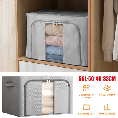 66L Collapsible Fabric Storage Bin with Steel Frame | Waterproof Oxford Cloth | Grey