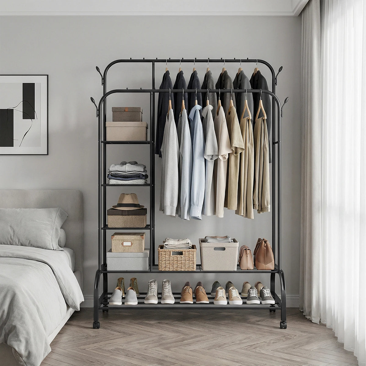 Clothes Heavy Duty Rail, 160CM Carbon Steel Metal Clothes Rack 2 Bottom Rack, 4Hooks,4 Shelves, Freestanding Hanging Rail Storage Shelf for Bedroom Temporary Garment Laundry, Entryway, Wardrobe