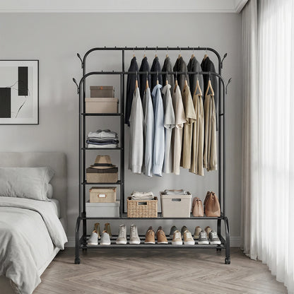 Clothes Heavy Duty Rail, 160CM Carbon Steel Metal Clothes Rack 2 Bottom Rack, 4Hooks,4 Shelves, Freestanding Hanging Rail Storage Shelf for Bedroom Temporary Garment Laundry, Entryway, Wardrobe