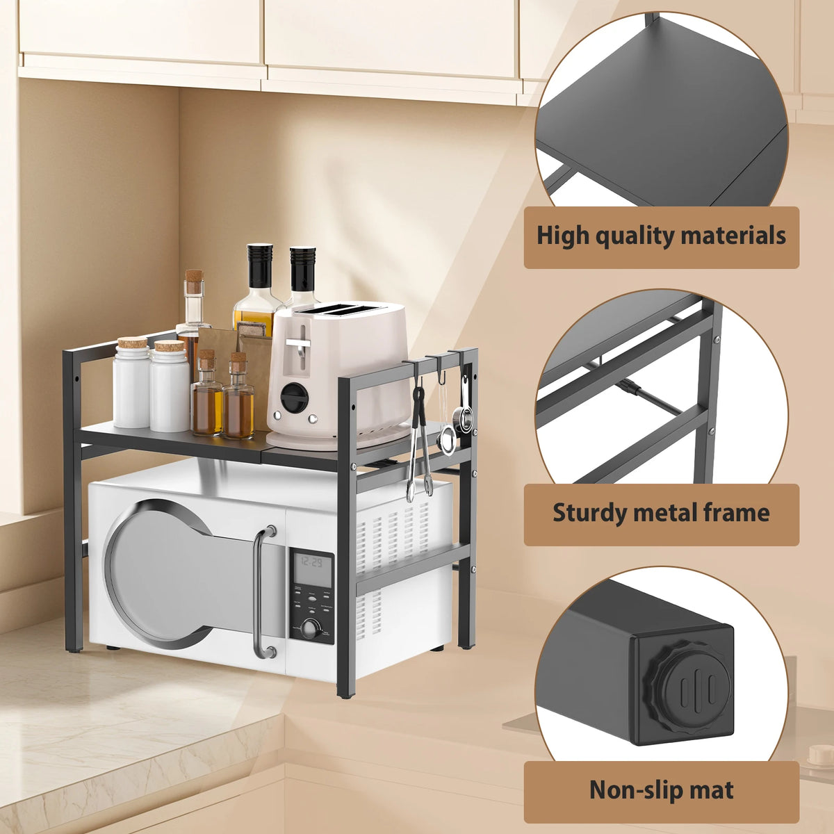 Expandable 2-Tier Microwave Shelf with 6 Hooks
