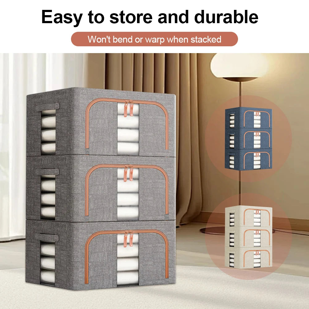 Set of 3 Foldable Clothes Storage Boxes with Metal Frame | Large Capacity Wardrobe Organiser
