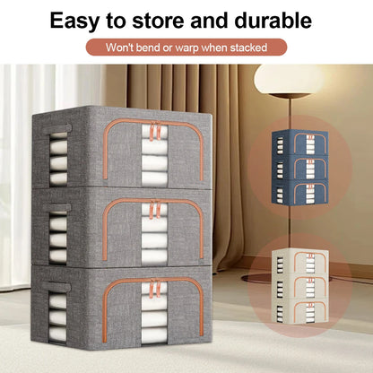 Set of 3 Foldable Clothes Storage Boxes with Metal Frame | Large Capacity Wardrobe Organiser