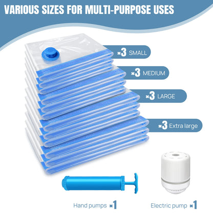 Vacuum Storage Bags with Hand Pump and Eelctric Pump, 12 PCS, 4 Sizes, Space Saving Travel Clothes Organizer
