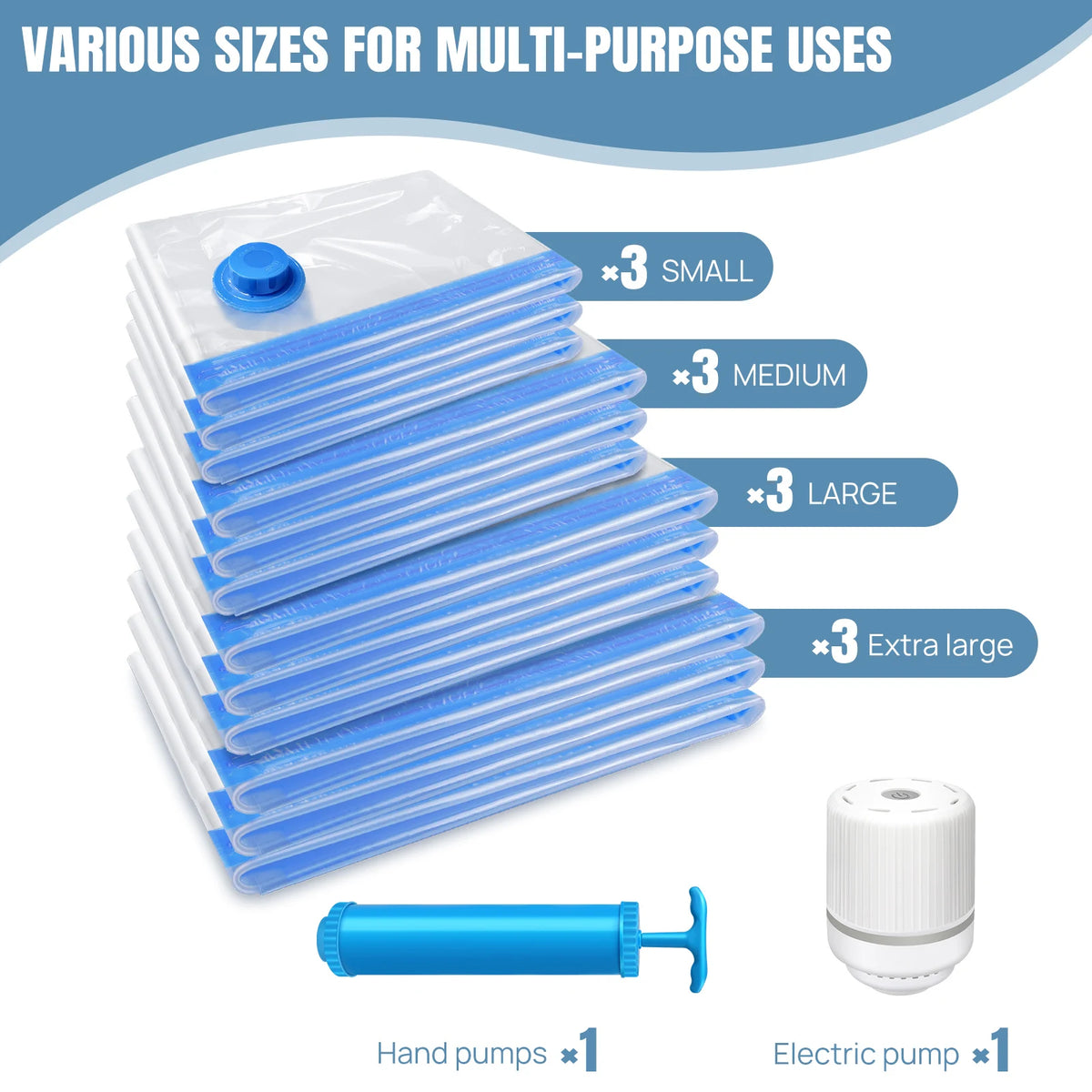 Vacuum Storage Bags with Hand Pump and Eelctric Pump, 12 PCS, 4 Sizes, Space Saving Travel Clothes Organizer