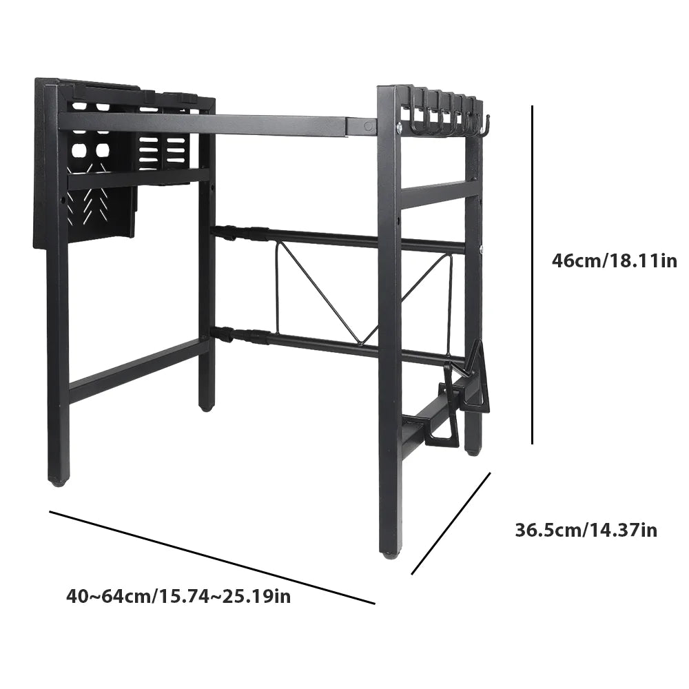 2-Tier Microwave Oven Shelf with 6 Hooks | Expandable Carbon Steel Rack