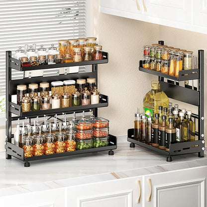 Standing Spice Rack, 3 Tier Spice Rack, Black Kitchen Shelf, Metal Storage Rack, Large Capacity for Kitchens Worktop Storage