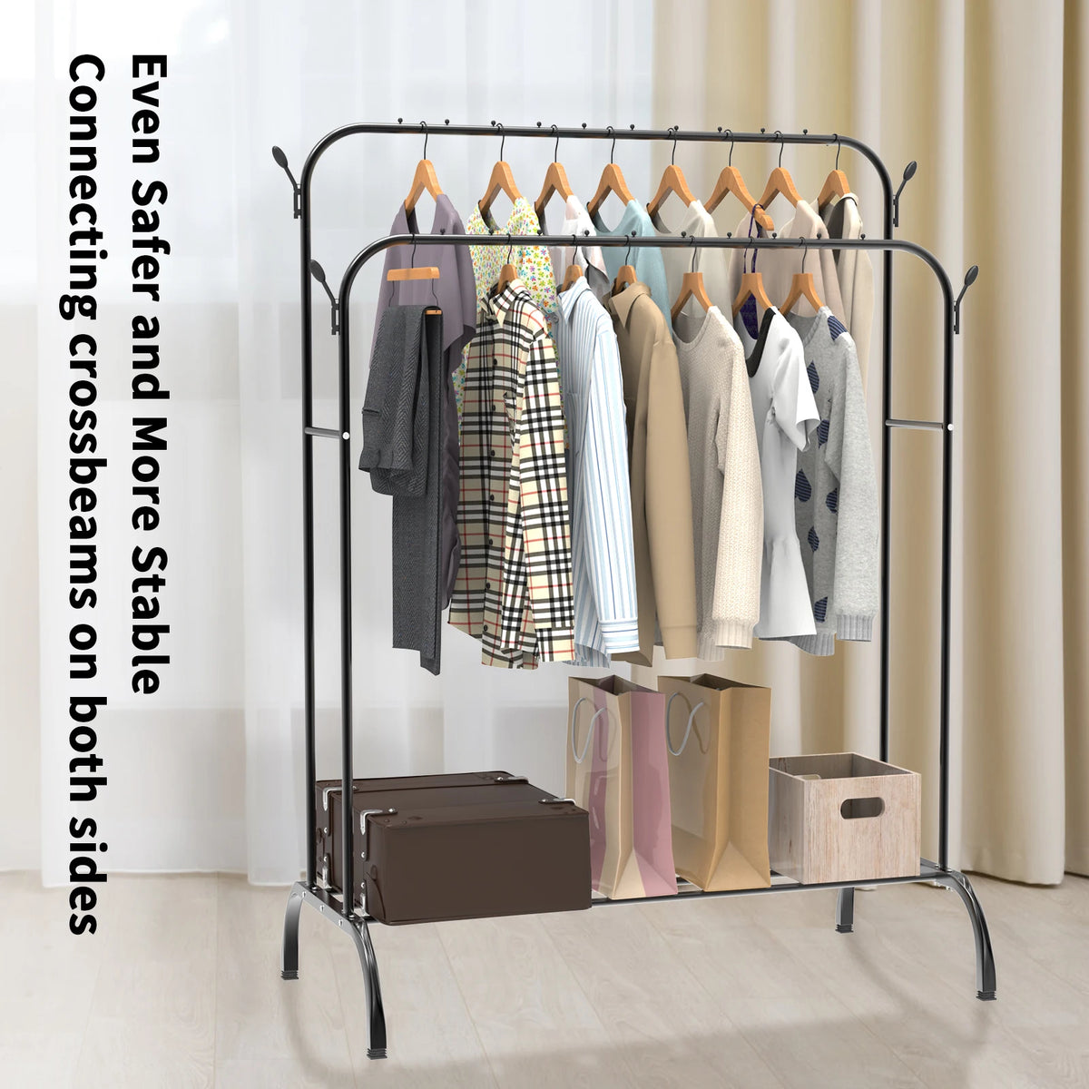 Heavy Duty Clothes Rail, 150 CM Metal Clothes Rack with Hooks, Bottom Rack, Holds up to 42 KG, Portable Hanging Rail for Coats