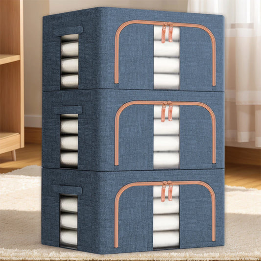Set of 3 Foldable Clothes Storage Boxes with Metal Frame | Large Capacity Wardrobe Organiser