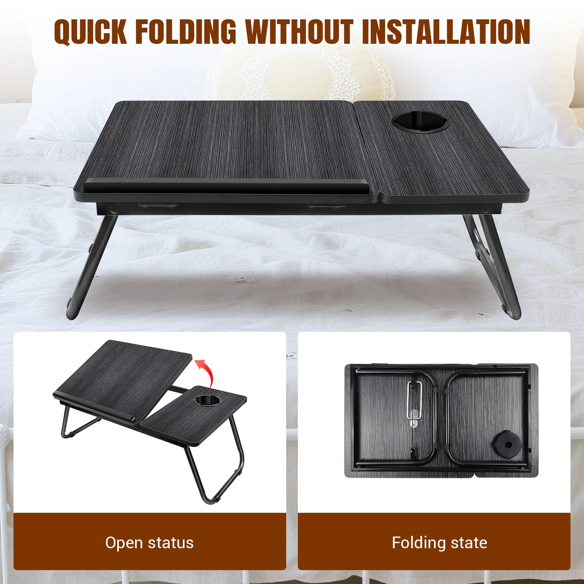 Laptop Bed Table with Foldable Legs & Cup Slot | Breakfast Tray & Reading Stand