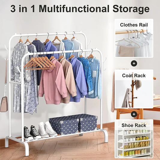 Double Rail Freestanding Clothes Rack | Metal Coat Stand | Bedroom & Wardrobe Organiser
