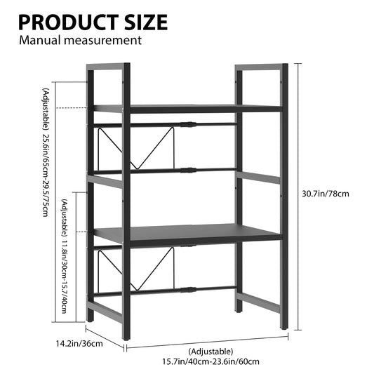 3 Tiers Expandable Microwave Oven Rack with 6 hooks, Microwave Shelf Stand, Carbon Steel for Pots Pans Rice Cooker