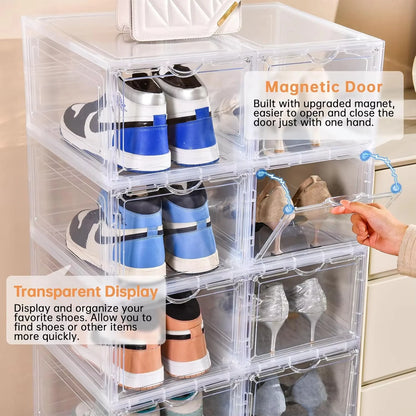 6/9/12 pack clear rack Space-Saving Magnetic Shoe Storage Box with Flip Cover, Stackable Clear Shoe Organizer for Home/Office