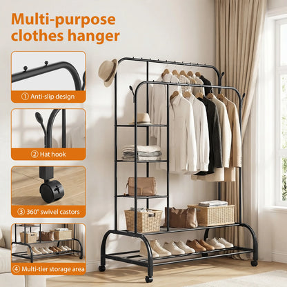 Clothes Heavy Duty Rail, 160CM Carbon Steel Metal Clothes Rack 2 Bottom Rack, 4Hooks,4 Shelves, Freestanding Hanging Rail Storage Shelf for Bedroom Temporary Garment Laundry, Entryway, Wardrobe