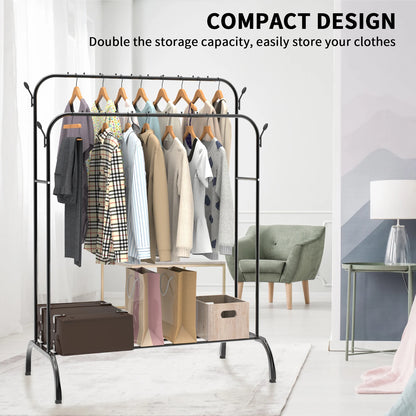 Heavy Duty Clothes Rail, 150 CM Metal Clothes Rack with Hooks, Bottom Rack, Holds up to 42 KG, Portable Hanging Rail for Coats