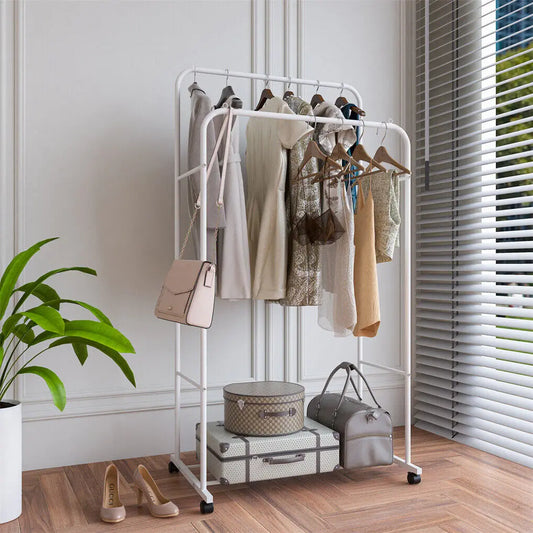 Heavy Duty Double Rail Clothes Rack with Lower Storage Shelf