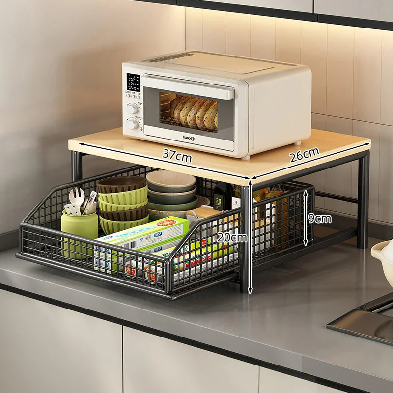 2-Tier Kitchen Countertop Organiser | Wood & Metal | Drawer & Basket Shelf