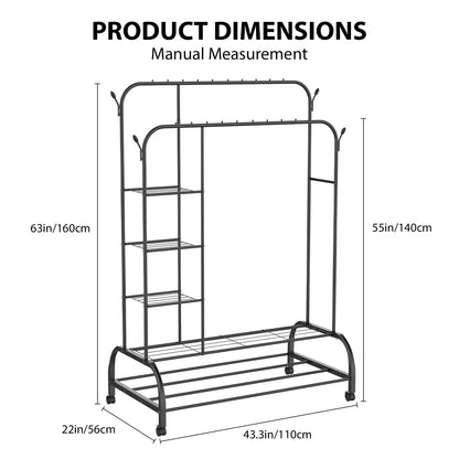 160cm Heavy-Duty Carbon Steel Clothes Rail | 2 Bottom Racks, 4 Shelves & 4 Hooks