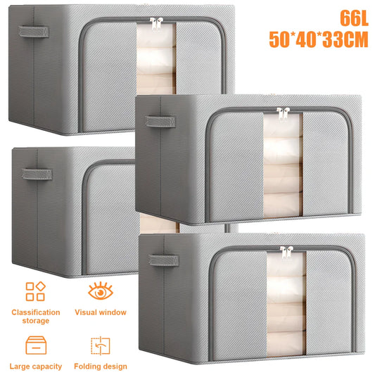 66L Collapsible Fabric Storage Bin with Steel Frame | Waterproof Oxford Cloth | Grey