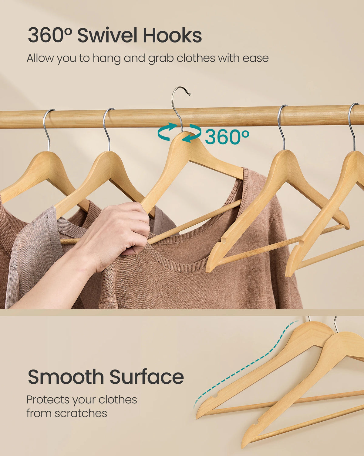 SONGMICS Wooden Hangers, Pack of 30, Coat Hangers, Pants Bar, 360° Swivel Hooks, Solid Birch Wood