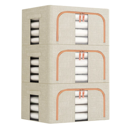 Set of 3 Foldable Clothes Storage Boxes with Metal Frame | Large Capacity Wardrobe Organiser