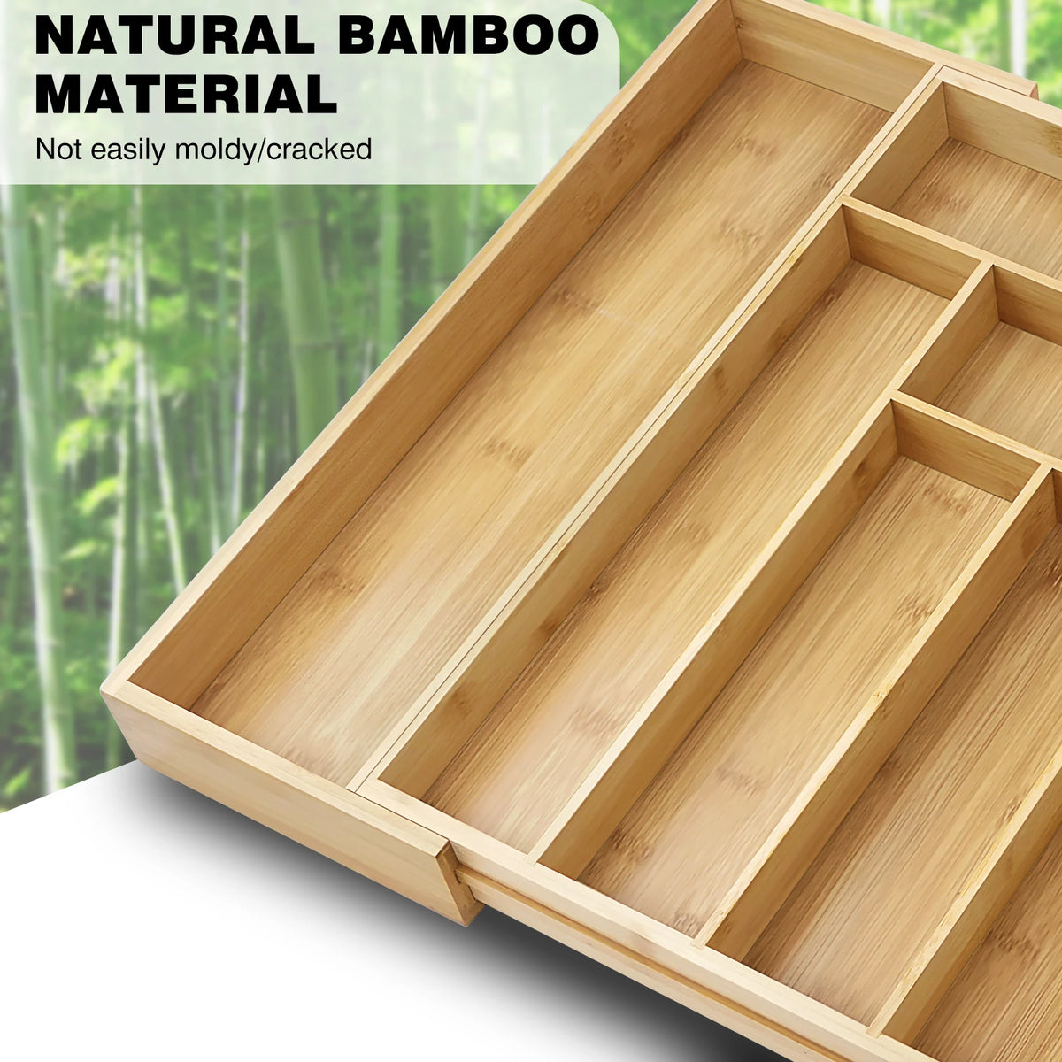 Bamboo Cutlery Drawer Tray | Expandable 32–52cm | 6–8 Compartments