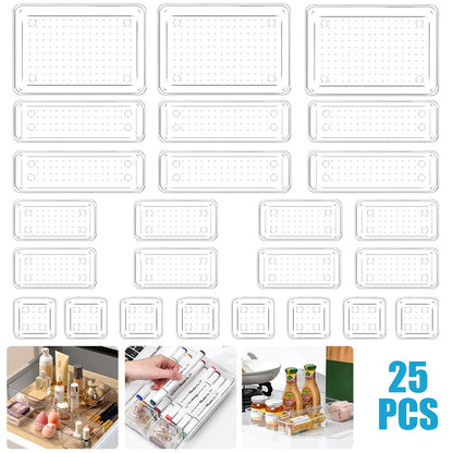 25pcs Versatile Drawer Organizer Set - Clear Plastic Trays in 4 Sizes for Perfect Makeup and Kitchen Storage