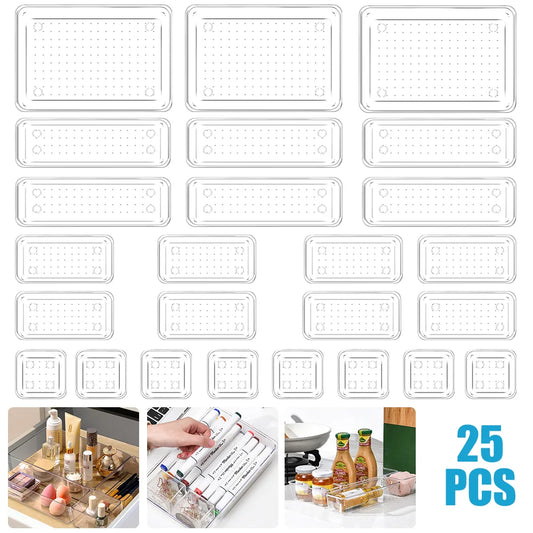 25-Piece Clear Drawer Organiser Set | 4 Sizes | Makeup, Kitchen & Office