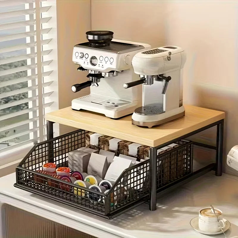 2-Tier Kitchen Countertop Organiser | Wood & Metal | Drawer & Basket Shelf