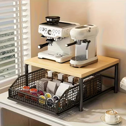 2-Tier Kitchen Countertop Organiser | Wood & Metal | Drawer & Basket Shelf